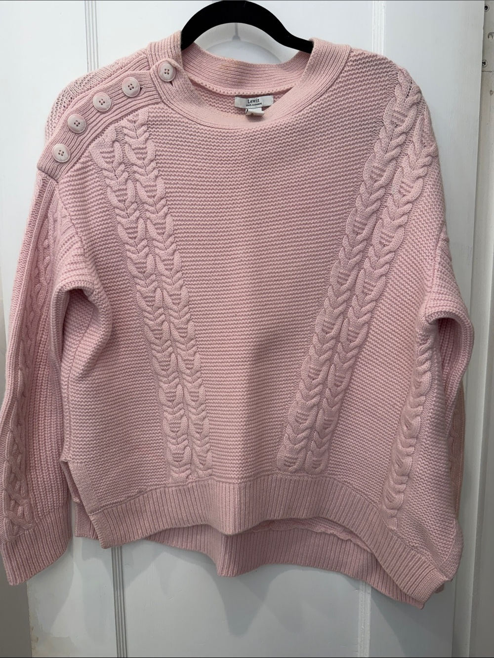 Lewit 100% Cashmere Dusty Pink Cable-Knit Button-Shoulder Crew Sweater